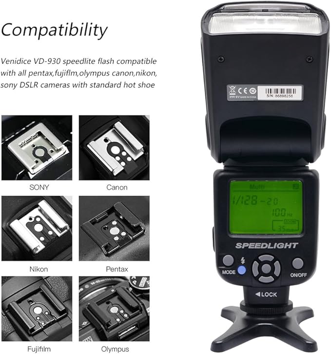 VD-930 Manual Professional Universal Speedlite, Camera Flash for Canon Nik Panasonic Olympus Fujifilm Pentax and Other DSLR Digital SLR Film Cameras with Standard Hot Shoe+LCD Display