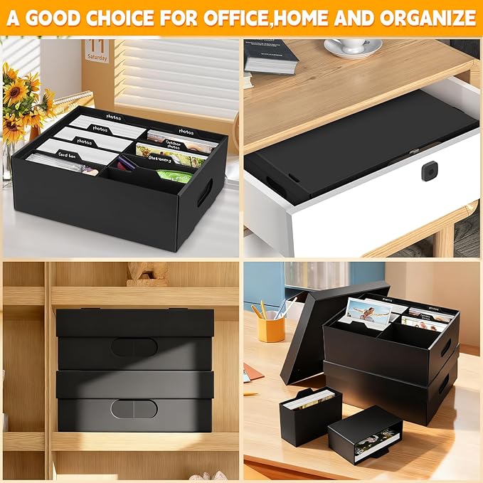 ATPWONZ 2 PCS Photo Storage Box for 5"x7" Photos, with 16 Inner Picture Boxes, 15“ x 10.3“ x 6.1“ Photo Organizer Box, Portable Scrapbook Photo Boxes with Lid, for Photo Stickers Stamps Seeds(Black)