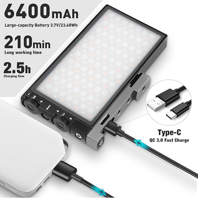Pixel G1s RGB Video Light with APP Control, 12W 6400mAh 210 Minutes Rechargeable Battery LED Camera Light, 10 Common Lighting Effects, CRI≥97 2500-8500K LED Video Light with Aluminum Alloy Body