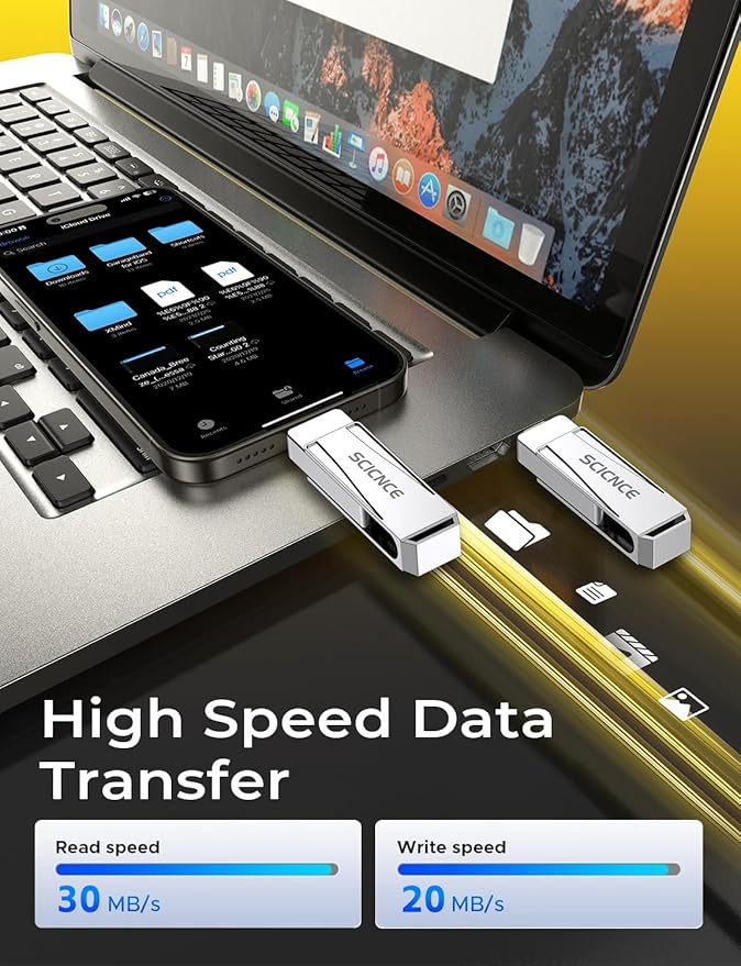 SCICNCE 128GB Flash Drive Intended for iPhone, USB Memory Stick Storage Backup for Photos Videos, Plug and Play No APP Required, Compatible with iPhone iPad Android and Computers (Metal Silver)