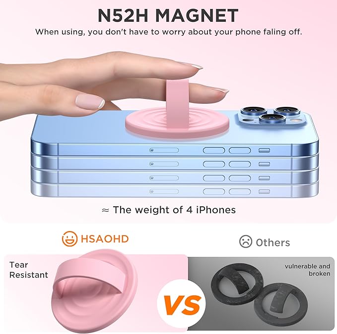 Upgraded Magnetic Phone Grip, Liquid Silicone Soft and Portable, Removable Finger Loop Ring Grip Holder for iPhone, Strong Magnetic Attraction, Compatible with MagSafe Phone Case, Pink