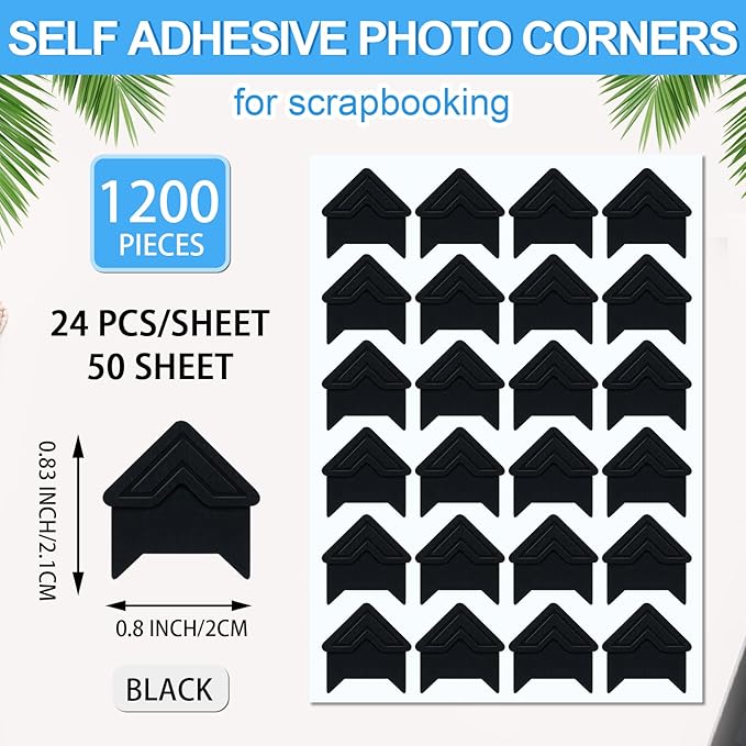 1200 Pcs Photo Corners Self Adhesive Black Picture Corners for Scrapbooking Stamping Supplies DIY Scrapbook Stickers Album Diary Personal Journal Diary Organizer Memory Book Picture Frames
