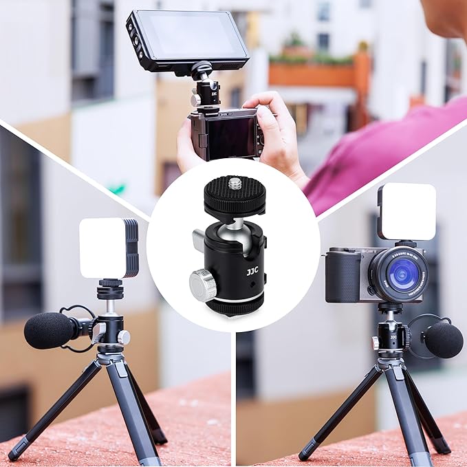 JJC 1/4''-20 Camera Tripod Ball Head Mount Adapter, Mini Ballhead with Cold Shoe Mount for Camera DSLR Tripod Selfie Stick LED Light Flash Microphone Phone Cage, 360-Degree Rotation, 90-Degree Tilt
