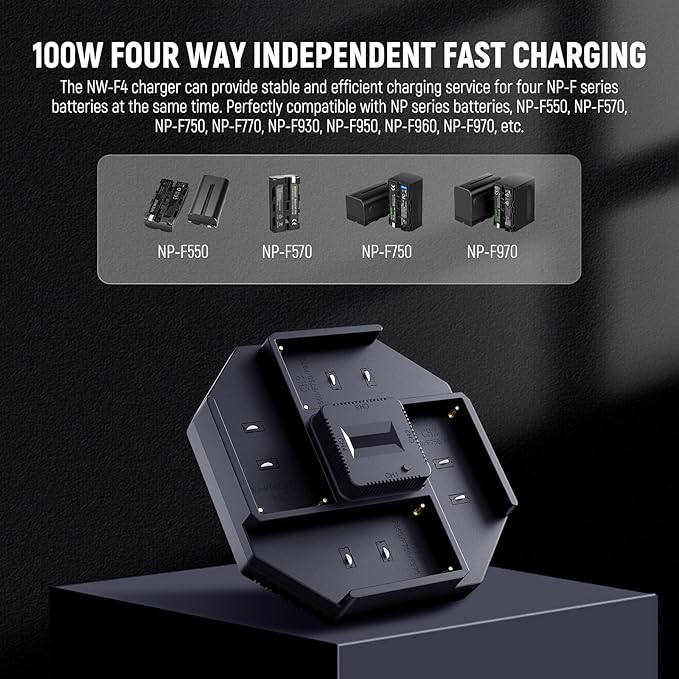 Neewer NP-F970 4 Channel Charger for NP-F550 NP-F750 Camcorder Camera Battery, 100W PD Fast Charging NPF Battery Charger with OLED Display & 100W USB C to USB C Fast Charging Cable, NW-F4
