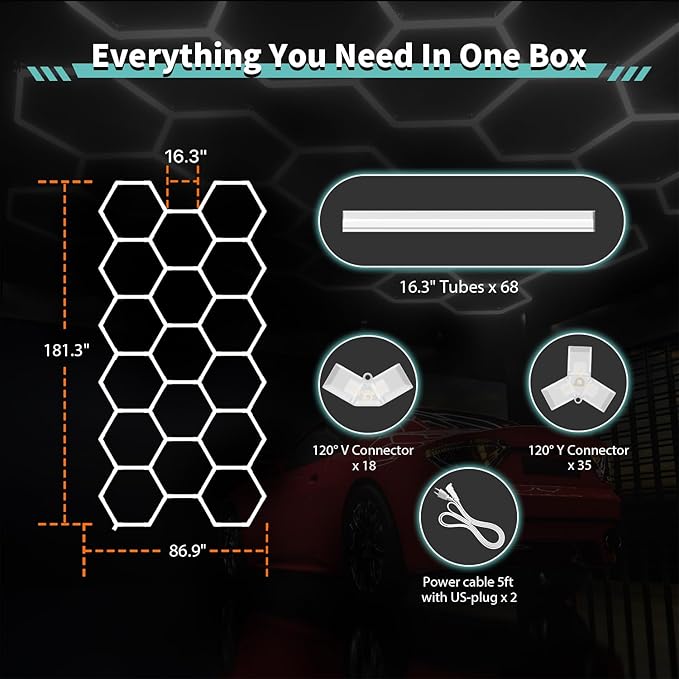 Hexagon Garage Lights: 476W 68 Pack 17 Grids LED Garage Lights - Easy Install 6500K Super Bright Honeycomb Light for Warehouse, Car Detailing Shop, Exhibition Hall, Gym