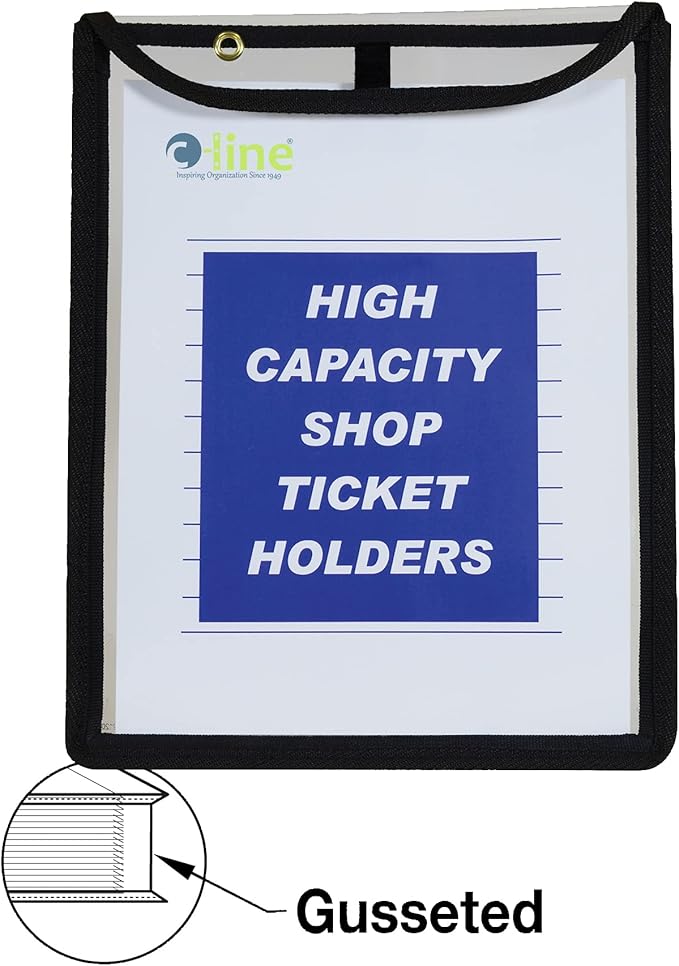 C-Line High Capacity Stitched Shop Ticket Holders, Gusseted with Flap Closure, Both Sides Clear, 9 x 12 x 1, Black, 15 per Box (39912)