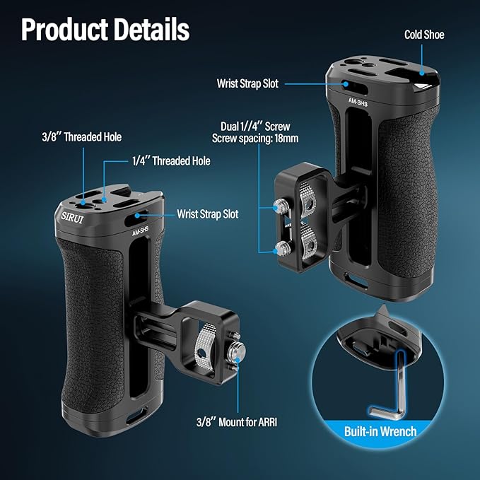 SIRUI Side Handle with Locating Mount for ARRI and Dual 1/4" Screw Mount Optional, Lightweight Camera Handgrip with Cold Shoe, Multiple Threads, Up and Down Adjustable Side Grip, AM-SHS(Pack of 1)