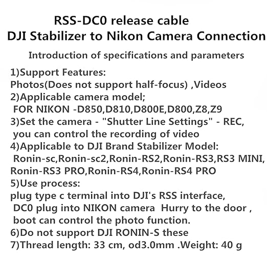DYTDIEYINGTU DJI NK Cable z8 z9 d800 d810 d800e d5 Camera Shutter Release Cable stabilizer Control Support Ronin - sc/rsc2 rs2 / rs3 / rs4 / Focus pro Handheld Camera stabilizer(RSS-DC0)