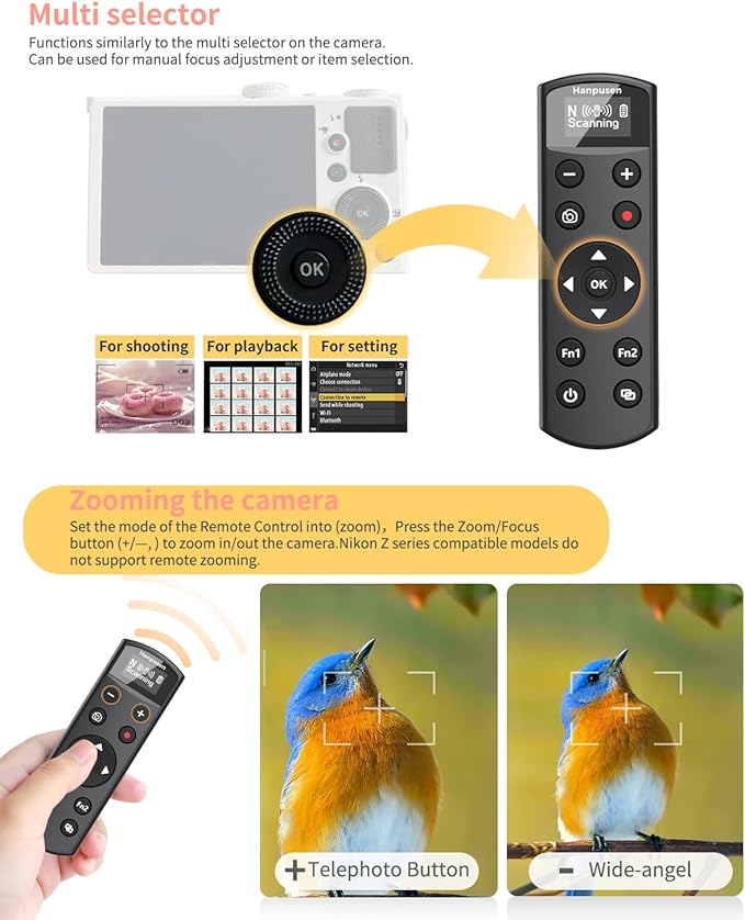 Hanpusen Rechargeable Camera Remote Control for Nikon - Wireless Shutter Release with OLED Screen Compatible with ZR, Z6lll, Z30, Z50, Z50ll, z5, Zfc, Zf, Z6II,Z7II, P1000; Replaces Nikon ML-L7(Black)