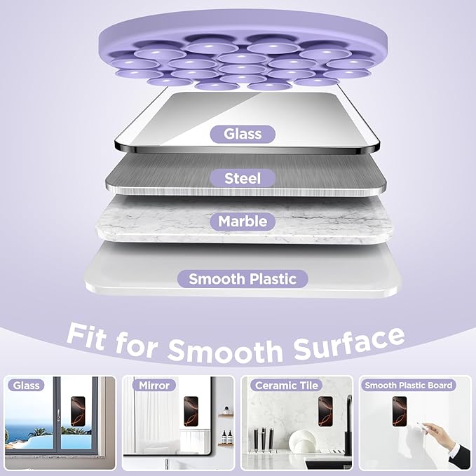 Magnetic Suction Cup Phone Mount with MagSafe, Silicone Hands-Free Grip Holder for iPhone Case and Android, Mirror Shower Phone Stand for Makeup FaceTime Gym Kitchen Bathroom, Lilac Purple