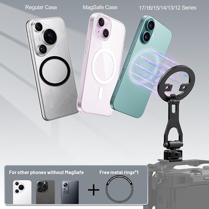Leftfoto Metal Strong Magnetic Phone Stand with 1/4"-20 ARRI Locating Screw -Adjustable Foldable Holder for iPhone 17 16 15 14 13 12 Pro Max Mini & Magsafe Case,for Vlogging/Video Shooting