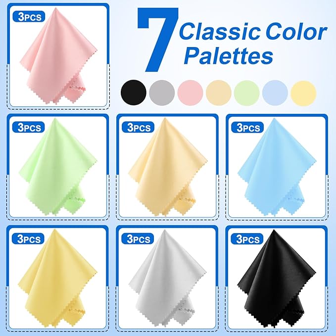 21 Pack Glasses Cleaning Cloths, 6"× 7"Large Eyeglass Cleaning Cloths, Premium Ultra-Soft Lens Wipes Cloth for Eyeglasses, Camera Lenses, Mobile Phones, Laptops, Television Screens - Color Mixing