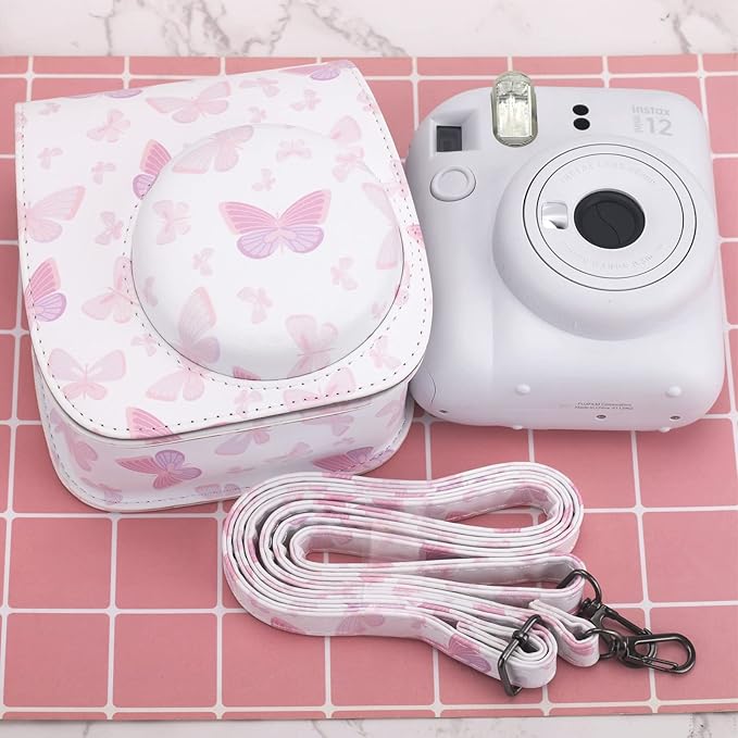 Frankmate Protective Case Fit for Fujifilm Instax Mini 12 11 9 8 Camera, PU Leather Camera Bag with Pocket and Adjustable Shoulder Strap (White Pink Butterfly)