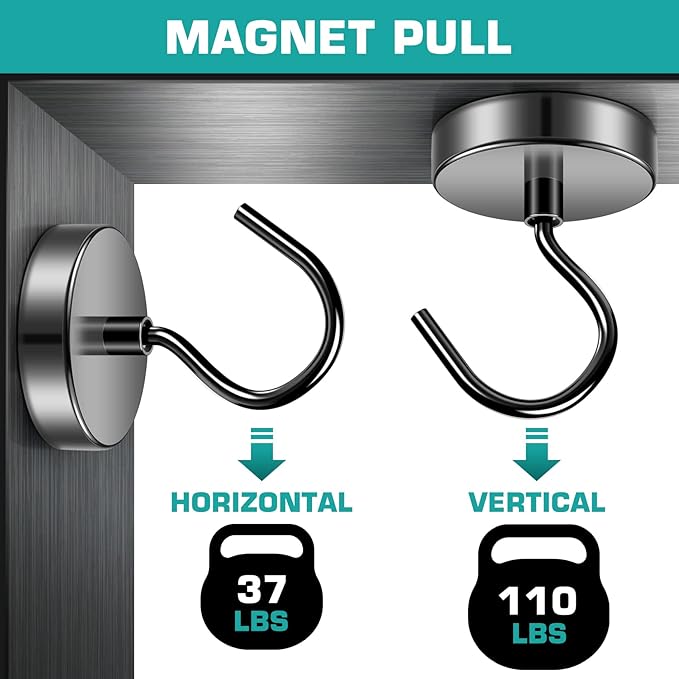 Grtard 10 Pack 110LBS Strong Magnetic Hooks Heavy Duty, Magnets with Hooks, Neodymium Magnet Hooks for Hanging, Black Large Magnetic Hooks for Cruise, Curtain, Home, Kitchen, Workplace