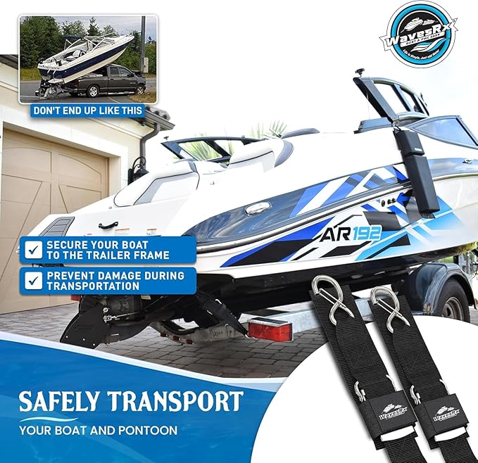 WavesRx Premium Boat & Jet Ski Trailer Transom Straps - Marine Tie Downs - Adjustable via Quick Release Buckle - Must Have Boating Accessories for Safe and Secure Transportation of Your Watercraft