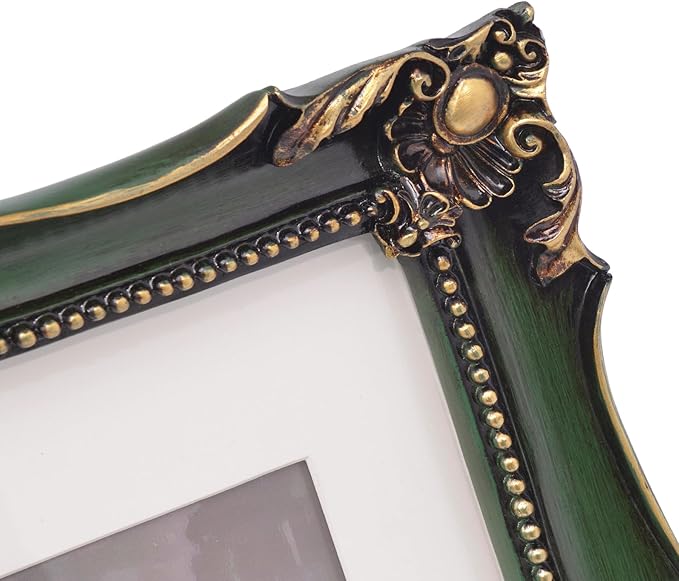 Vintage 11x14 Picture Frame with Embossed Flower, Green Ornate Frame for 11x14 or 8x10 Photos with White Mat, Hand-Crafted Resin Antique Frames for Tabletop & Wall Hanging, Home Decor (Green )