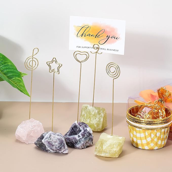PATIKIL Table Number Holder, 2Pcs Photo Clip Holders Crystal Stone Quartz Desk Card Holder Raw Flower Shape Iron Memo Note Photo Stand for Wedding Party Home Office Decor, Yellow