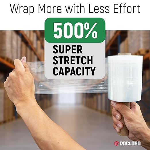 Paclord 5" x 1000' Industrial Strength Mini Stretch Wrap Rolls with Extended Core Handles, Ready to Use Pack of 2 Clear Stretch Film Rolls, 80 Gauge, 500% Elongation - Shrink Wrap for Moving, Packing