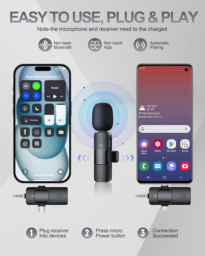 PQRQP 3 in 1 Professional Wireless Lavalier Microphone for iPhone, Android, Camera, Wireless Microphones, Mini Microphone, Crystal Clear Sound Quality for Recording, Live Streaming, Microphone Clips