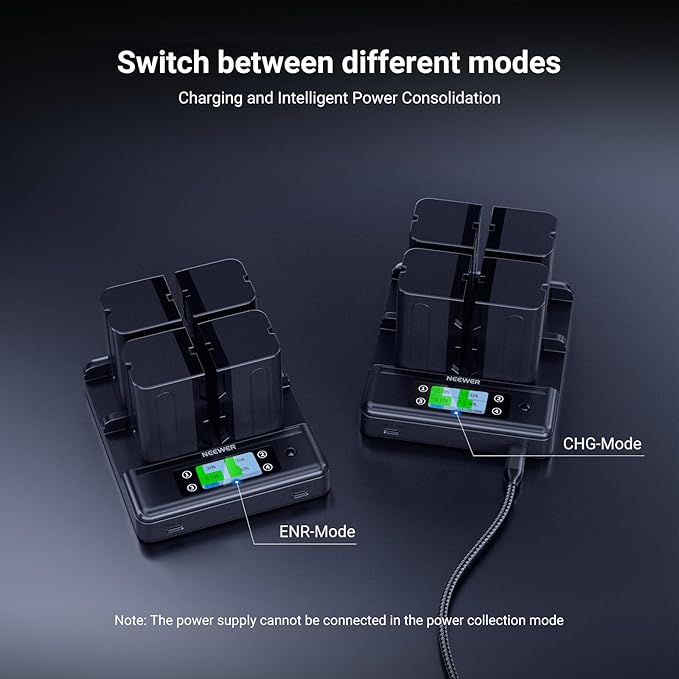 NEEWER NP-F970 4 Channel Charger with Smart Power Consolidation Compatible with Sony NP-F550 750 Camcorder NPF Camera Battery, PD100W Fast Charging/PD100W Charger/Dual USB C/OLED Display, NW-F4R