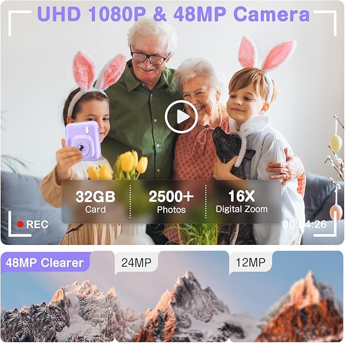 Kids Camera Instant Print, Dual-Lens 48MP Digital Camera for Christmas Birthday Gifts, 1080P Selfie Instant Cameras for Kids with 32GB Card, Print Digital Cameras for Girls Boys-Purple