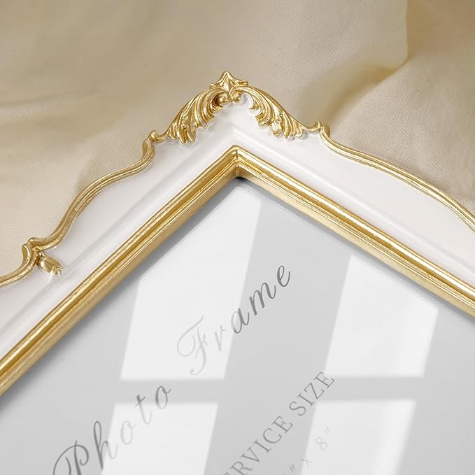 Cuspin 5x7 Picture Frame, White and Gold Vintage Ornate Resin Photo Frame with Glass Front, 5 by 7 Picture Frame for Wall Hanging or Tabletop Display