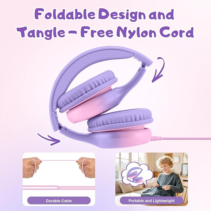 USB Type C Kids Headphones, Wired Headphones for Kids with Microphone 85/94dB Volume Limit, Stereo Sound Portable Over Ear Headphones for School/Travel/Tablet/iPad, Violet Pink