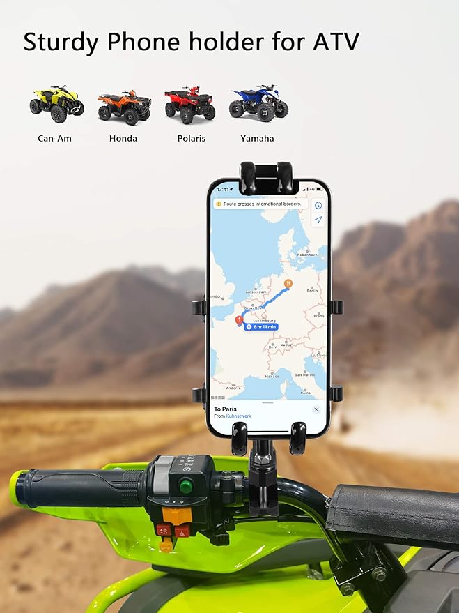 ATV Phone Holder, Quad Phone Mount, 8 Clamps Holds 4.7-7.1" Phones, One Hand Operation Motorcycle Phone Clip for 7/8-9/8" Handlebar,Compatible with Yamaha Polaris Honda Can Am