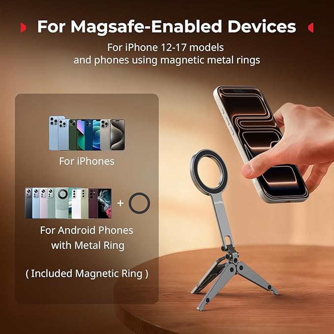 SMALLRIG Dual Magnetic Phone Tripod, Metal Cell Phone Mount Grip with 1/4" Threads, 270° Adjustable Phone Holder Mini Pocket Tripod for iPhone 17/16/15/14/13 Series -5649