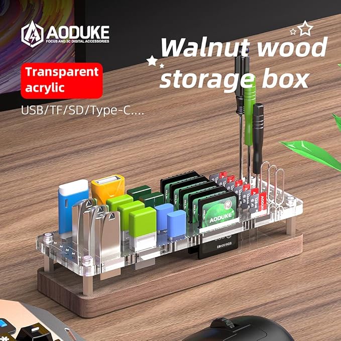 29 Slots Wooden Memory Card Case for Micro TF, USB Flash Drive, and SD Cards - Carrying Case With Screwdriver and Cell Phone Card Removal Pin Holder Desk-02MY
