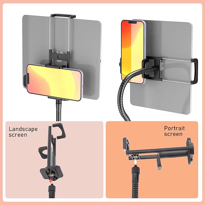 Microphone Stand with IPAD Clip, Floor Foldable Mic Stand with Phone Clip,Heavy Duty Tripod Boom Arm with 2 Mic Clips and Carrying Bag for Singing Karaoke Stage