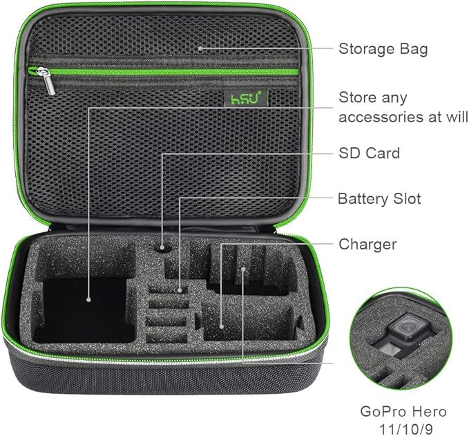 HSU Protective Carrying Case Compatible with Go Pro Hero 13, 12, 11, 10, 9, 8, 7, 6, 5, 4, 3 and Accessories, Light and Medium Security Bag, Compact and Safe Action Camera Travel Storage