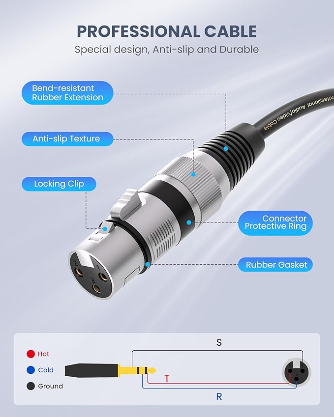 Tisino Female XLR to 1/4'' TRS Microphone Cable, 6.35mm Stereo Jack to 3-pin XLR Female Balanced Interconnect Microphone Cable - 3.3FT