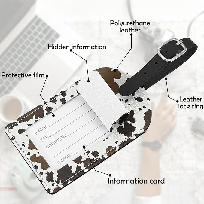 2 Pack Luggage Tag Suitcase Tags PU Leather Identifiers Privacy Cover Luggage Tags Aesthetic Cute Travel Bag Labels for Women Girls Men-Cowhide