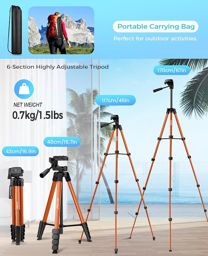 MACTREM 67" Tripod Stand for iPad Phone Tablet Camera with 2 in 1 Mount & Wireless Remote, Aluminum Extendable iPhone Tripod for Video Recording/Selfies/Live Stream/Vlogging (Orange)