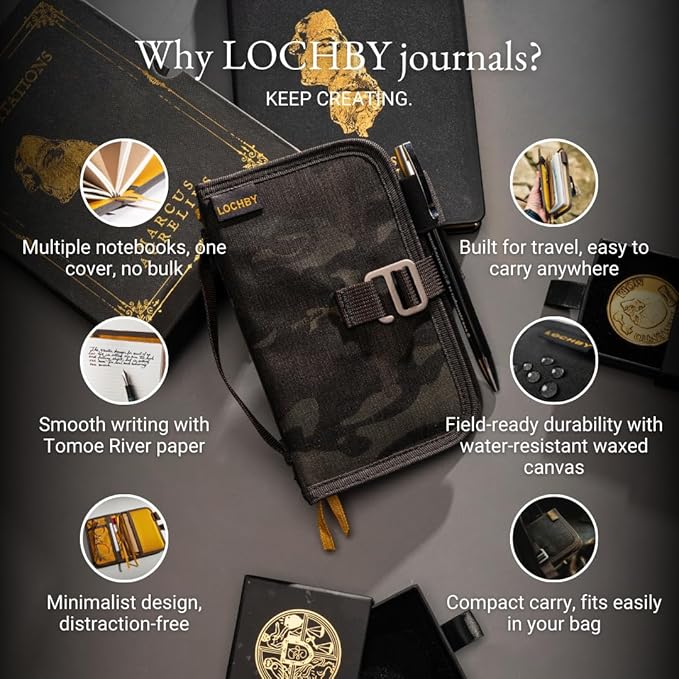 LOCHBY® Mini Field Journal | Water Resistant Waxed Canvas | Pen Loop | Included Tomoe River Notebook | Perfect for Travel, Art, Bullet Journal