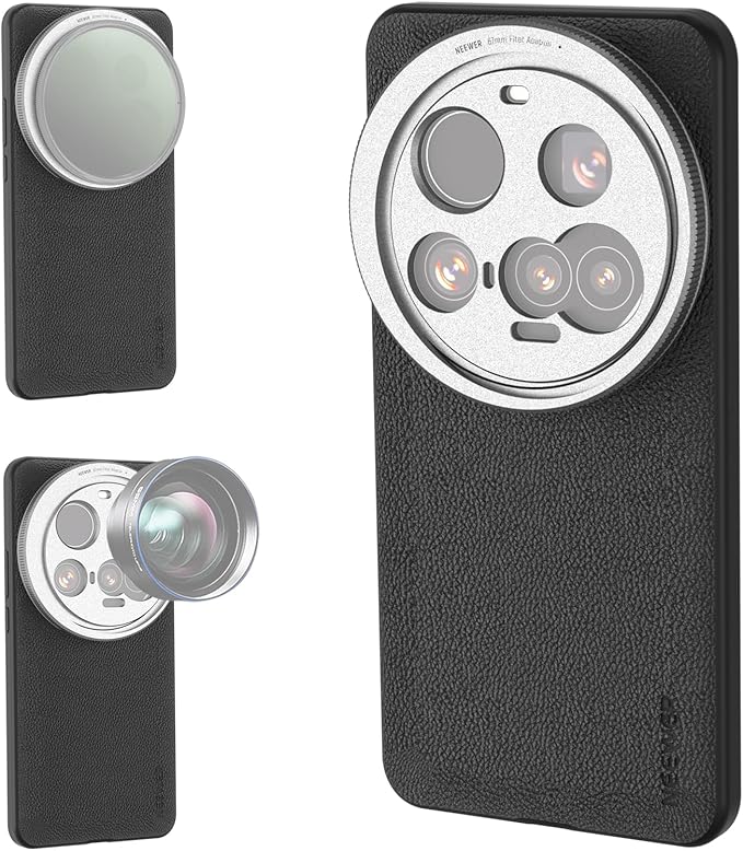 NEEWER 15 Ultra Case, Protective Phone Case Compatible with Xiaomi 15 Ultra, Heavy Duty TPU + PC Faux Leather with 17mm Lens Mounts & 67mm Filter Adapter for Wireless Charging, PA101 Black + Silver