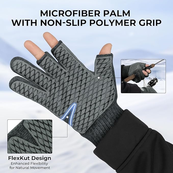 KastKing Bully Wooly 3-Cut Fingerless Wool Fishing Gloves, Cold Weather Warm Winter Gloves for Men & Women, Ice Fishing