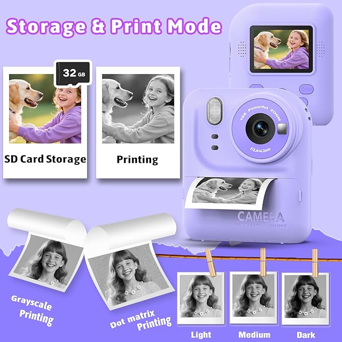 Okaloka Kids Instant Print Camera Toys,1080P HD Toddler Digital Video Camera,Christmas Birthday Gifts for Girls Boys Age 3-12 Year Old - 32G SD Card Included (Purple)