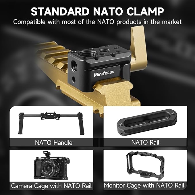 MINIFOCUS NATO Clamp, NATO Rail Lock Clamps Quick Release with 1/4" 3/8" ARRI Thread, Standard NATO Clamp for Camera Cage Friction Arm Ballhead Cold Shoe Monitor Mount