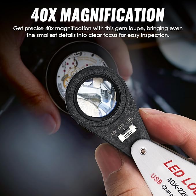 40x Jewelers Loupe Magnifier with UV & LED Lights, 22mm Triplet Lens Rechargeable Jewelers Loupe Foldable Jewelry Magnifier Portable Jewelry Magnifier Inspection Loupe for Gems, Jewelry, Coins, Rocks