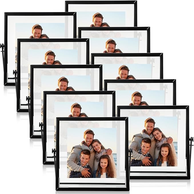 Hoteam 12 Pack 6 x 6 Inches Black Floating Frame for Photo 4 x 4 Inch Glass Floating Picture Frame Collection Vintage Metal Minimal Ornate Easel for Wedding Gift Pictures Photos Desk Tabletop Display