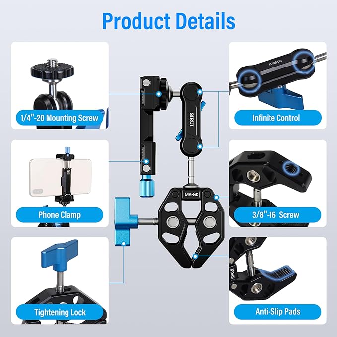 SIRUI Articulating Camera Mount Clamp with Phone Holder, Magic Arm Super Clamp with 1/4"-20 Thread and 3/8"-16 Locating Hole for ARRI, Ball Head Mount for Camera Monitor and Bicycle, MA-GK, Black