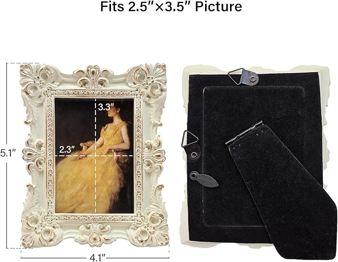 CISOO 2.5x3.5 Vintage Small Picture Frame, Antique Ornate White anad Gold Wallet Size Photo Frame, for Table Top and Wall Display, Decorative Floral Design Retro Home Decor, Photo Gallery Art