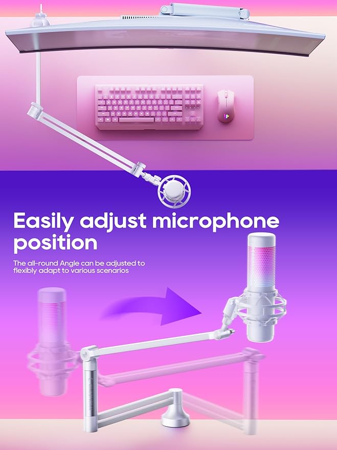 Low Profile Mic Arm, 360° Rotatable Microphone Boom Arm Mic Stand for Fifine AM8 K669B Blue Yeti HyperX shure sm7b SoloCast AT2020, with Mic Clip 3/8" to 5/8", White