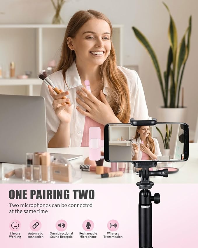 Wireless Lavalier Microphone for Android/iPhone/Computer/Laptop, Wireless Mic for iPhone 13 14 15 16 17 with Noise Reduction Chip, Mini Microphone for Recording Podcast YouTube, TikTok(2 Pack)
