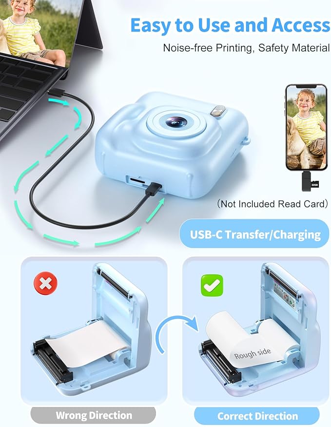 Digital Camera for Kids Instant Print, 48MP Dual-Lens Kids Camera for Girls Boys Christmas Birthday Gifts, 1080P Video Selfie Instant Cameras, Portable Toddler for 4-12 Years with 32GB Card-Blue