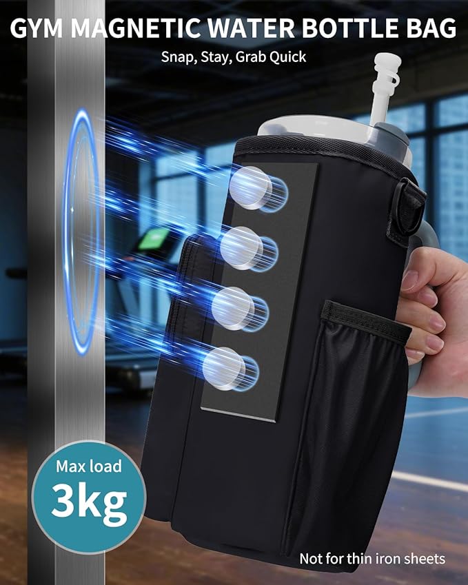 sportsnew Magnetic Gym Bag for Women Men, Water Bottle Carrier Holder with Strap & Phone Pockets for 40oz Tumbler with Handle, 4 Built-in Magnets Small Gym Bag for Sports, Workout, Fitness, Walking