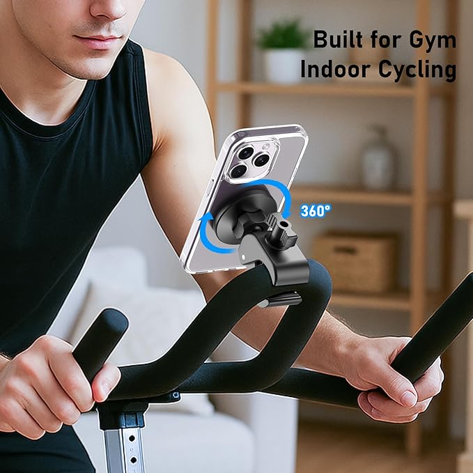 Magnetic Phone Holder Clamp Mount – 20 x N52 Strong Magnet Mount for Gym, Spin Bike (Fits Peloton), Treadmill, Stroller, Golf Cart, Shopping Cart – Compatible with Mag-Safe iPhone 12-17 Series