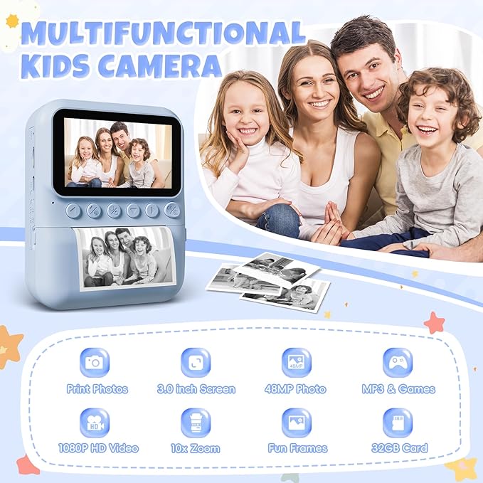 Kids Camera Instant Print, 3.0'' Screen 48MP Photo Instant Camera for Kids with 32GB Card, 1080P HD Digital Child Printable Toy, Gift for 3-12 Year Old Girls Boys